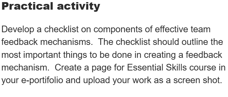 Practical activity to be uploaded on the e-portfolio as screenshot